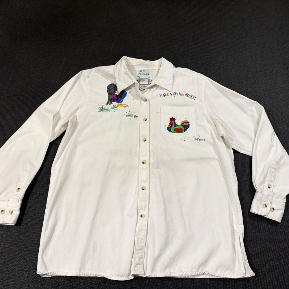 The Quacker Factory Chicken Rooster Embroidered Shirt‎ White Denim Size Medium